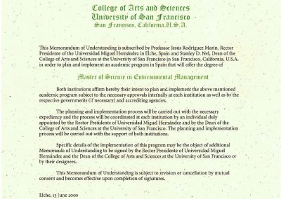 Memorandum of understanding between the UMH and The College Arts and Sciences University of San Francisco. 2000