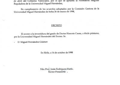 Decreto Rectoral por el que se concede a Miguel Hernández el Doctorado Honoris Causa, a título póstumo