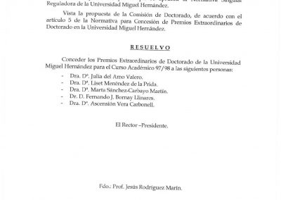 Resolución Rectoral 846/99 por la que se conceden los premios extraordinarios de Doctorado de la Universidad para el curso académico 97/98