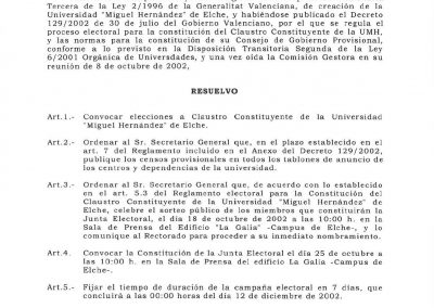 Resolución rectoral de convocatoria a elecciones al Claustro Constituyente de la UMH, p. 1