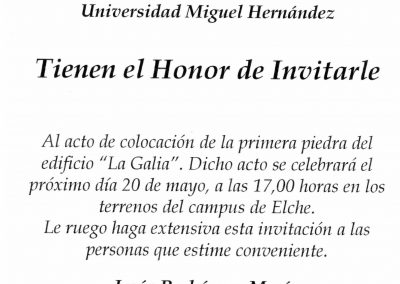 Invitación del Rector al acto de colocación de la primera piedra del edificio La Galia. 1997