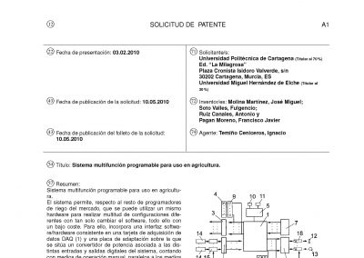 Patente de invención de cotitularidad entre UMH y Universidad Politécnica de Cartagena de Sistema Multifunción programable para uso en agricultura. 2011