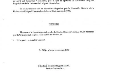 Decret Rectoral pel qual es concedeix a Miguel Hernández el Doctorat Honoris causa, a títol pòstum