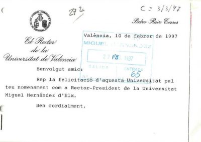 Felicitació Rector Universitat de València. 1997
