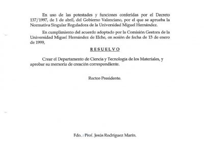 Resolució Rectoral 82/99 de creació del Departament de Ciència i Tecnologia dels Materials